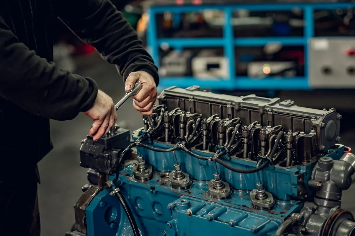 Mechanic tightening cylinder head components while assembling an overhauled six-cylinder diesel engine