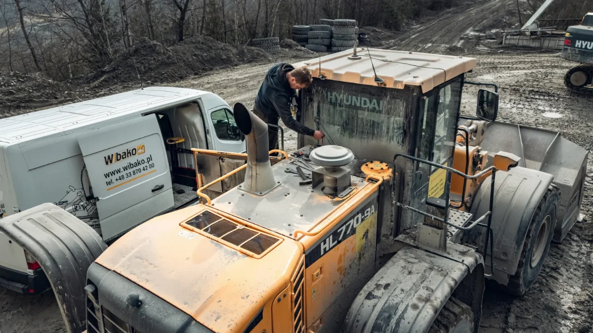 WIBAKO mechanic working in the open engine bay of a Hyundai HL770-9A wheel loader, service van nearby