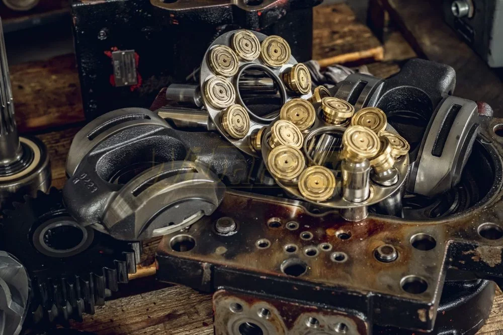 Disassembled axial piston hydraulic pump: pistons with brass slippers, retaining plate and rockers prepared for inspection