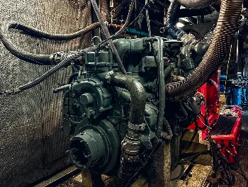Overhauled diesel engine connected to hoses and exhaust ducts on a test bench, red testing unit nearby
