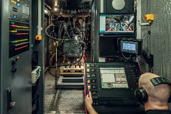 Engine dynamometer: operator at control console with monitors testing a diesel engine in the test cell