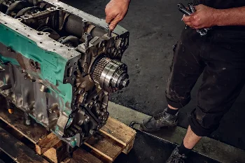 Mechanic fitting bolts into the timing housing of a diesel engine block placed on a wooden pallet