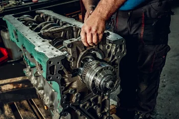 Mechanic working on a diesel engine block with crankshaft and gear during overhaul in a workshop