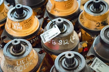 Hydraulic motors marked Liebherr R912 with WIBAKO labels in the parts warehouse