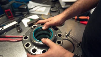 Mechanic holding a hydraulic flange with a new blue seal on a workshop bench