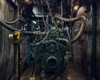 Rebuilt diesel engine in a test cell, connected to exhaust and cooling lines, with tools hanging on the wall