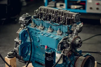 Overhauled blue six-cylinder diesel engine on a workshop stand with injection lines fitted