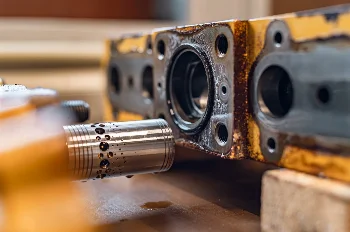 Close-up of a hydraulic spool and bore in a worn valve body during regeneration