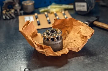 Hydraulic pump cylinder block with pistons resting in paper on a steel workshop bench