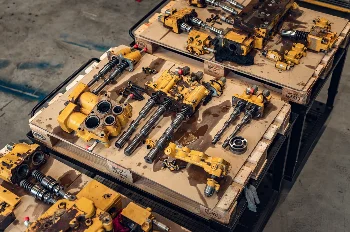 Disassembled yellow hydraulic control valves with spools and springs laid out on pallets in service hall