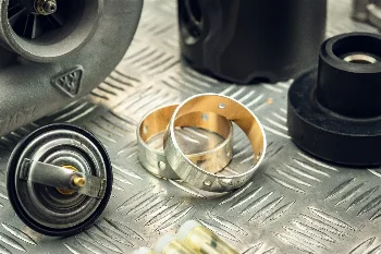 Engine parts: thermostat, bushings, turbocharger and rubber mounts on checker plate
