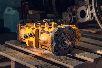 Yellow tandem axial piston hydraulic pump from a construction machine on a wooden pallet in a workshop