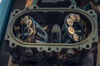 Open housing of a tandem hydraulic pump with two piston assemblies and a swash plate inside