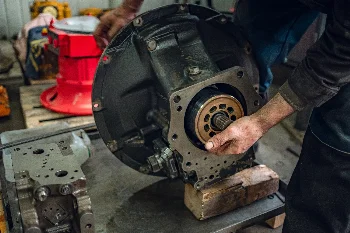 Hydraulic pump overhaul: mechanic removing the cylinder block from the housing on a workshop bench