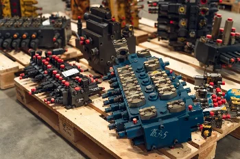 Hydraulic control valves from construction machines on pallets in a warehouse, blue valve block in front
