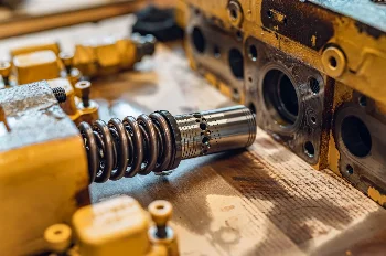 Close-up of a hydraulic valve spool with spring next to an open valve body
