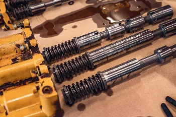 Hydraulic control valve spools with springs next to a yellow valve body during disassembly