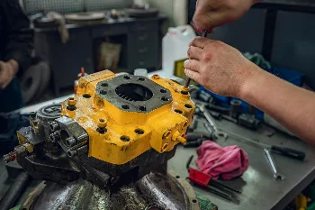 Mechanic assembling a yellow hydraulic pump on a workshop bench, working with a hand tool