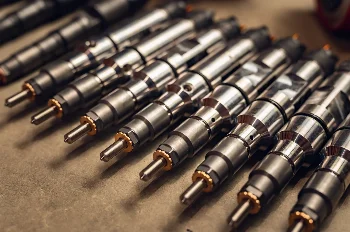Row of refurbished Common Rail injectors for diesel engines laid out on a workshop table