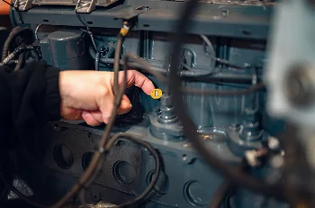 Hand pointing at a component on a diesel engine block during diagnostics, cables in foreground