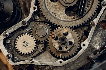 Timing gears of a diesel engine with the front cover removed, seen during an overhaul