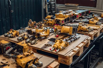 Disassembled yellow hydraulic control valve blocks and spools on pallets in a workshop