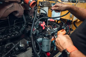 Mechanic's hands working on a diesel engine fuel system with a MANN-FILTER fuel filter and water separator