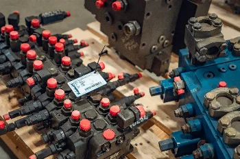 Hydraulic control valves with red caps and a Wibako tag on a pallet next to a blue valve block