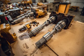 Hydraulic valve spools pulled out of the valve body on a workbench during disassembly and inspection
