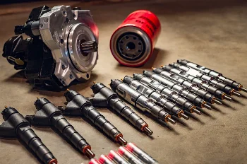 Common rail high-pressure pump, fuel filter and a row of diesel injectors laid out on a workshop floor