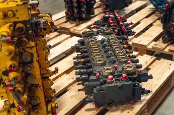 Black hydraulic control valve with port flanges on a pallet next to a yellow excavator valve block